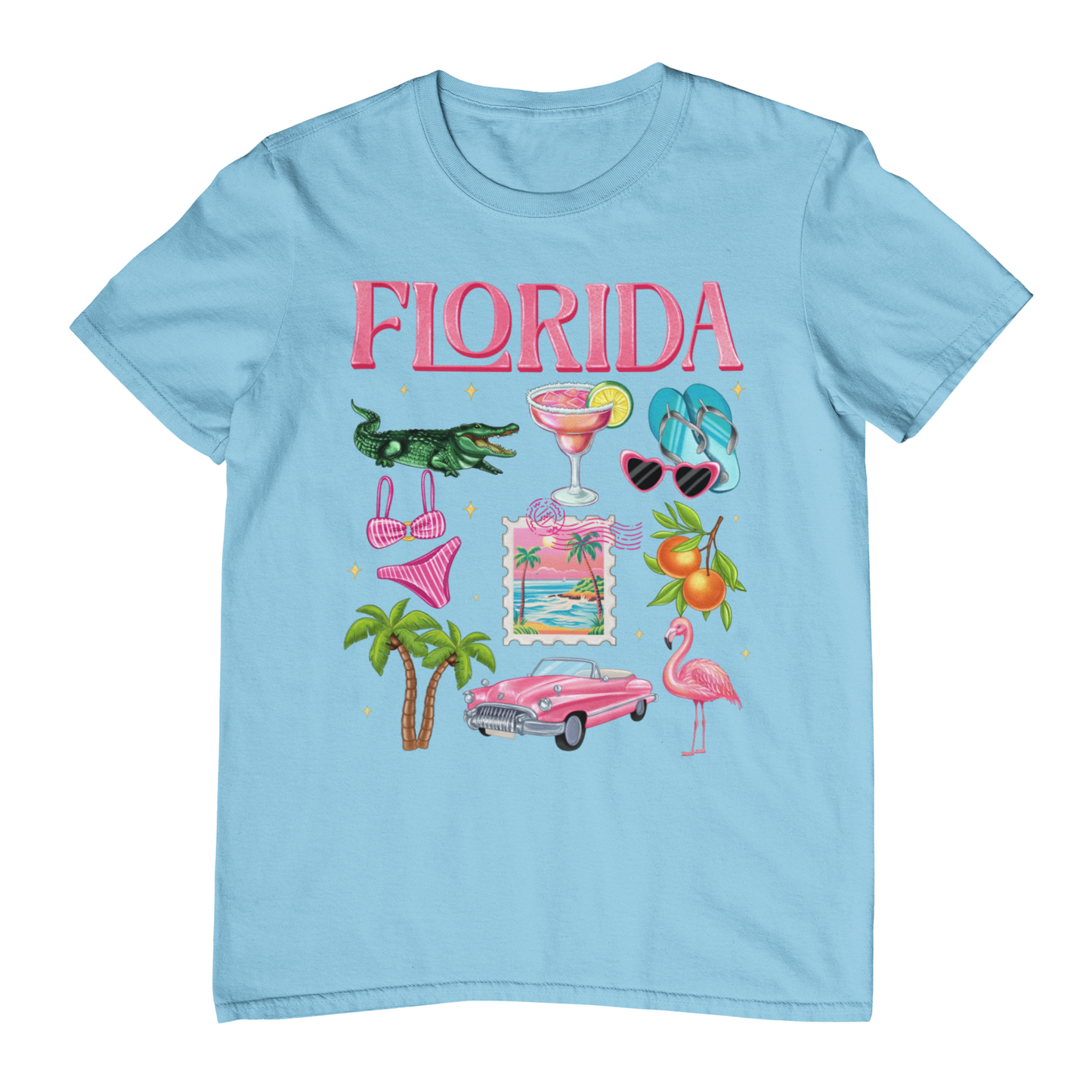 Light blue t-shirt with Florida-themed graphics on a white background