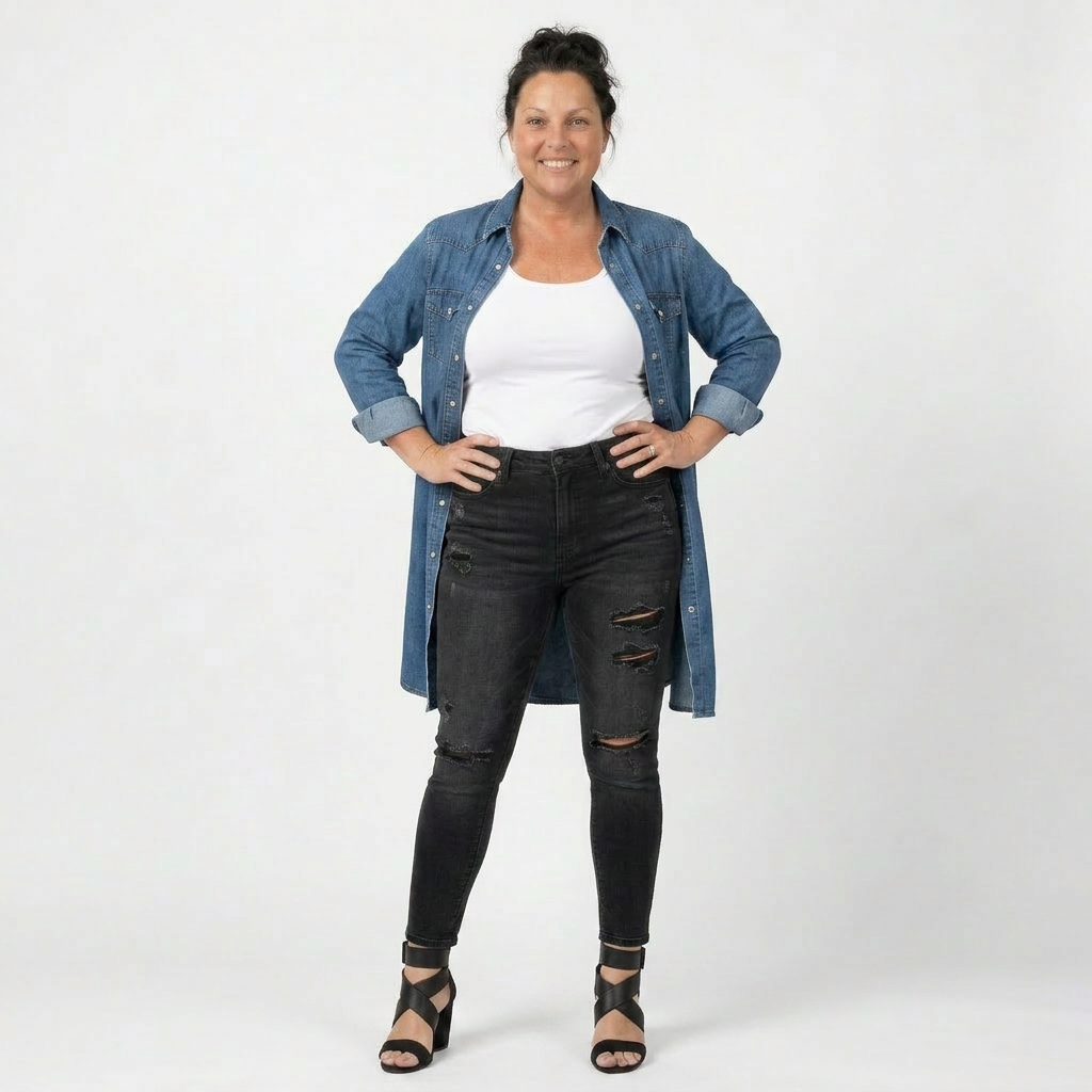 Woman wearing a denim shirt, white top, and black jeans on a white background