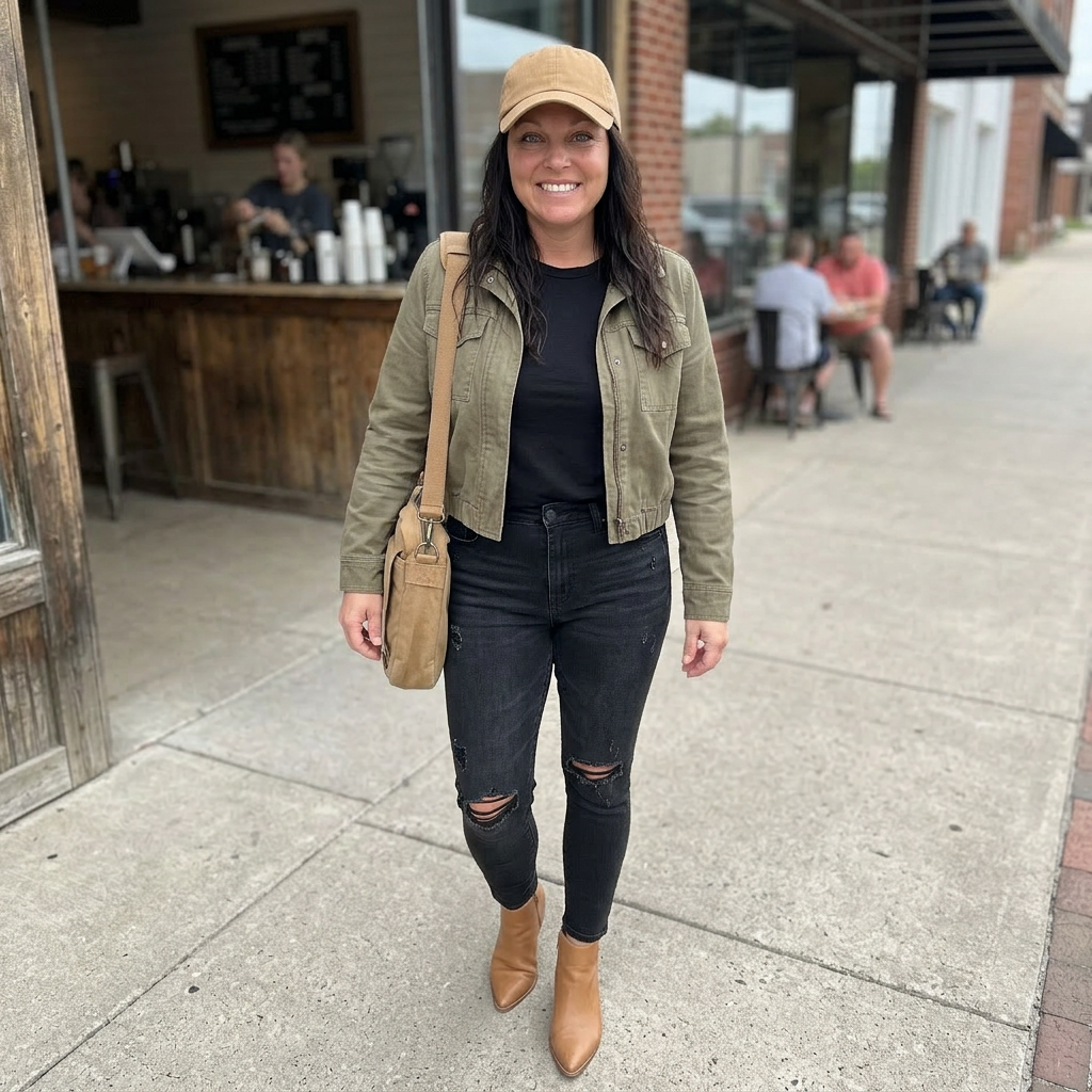 Woman standing on a sidewalk wearing a green jacket, black jeans, tan boots, and a beige cap.