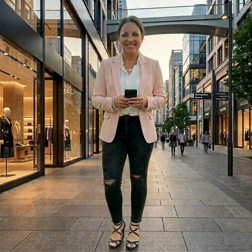 Woman in a pink blazer and black pants standing on a city street with shops in the background