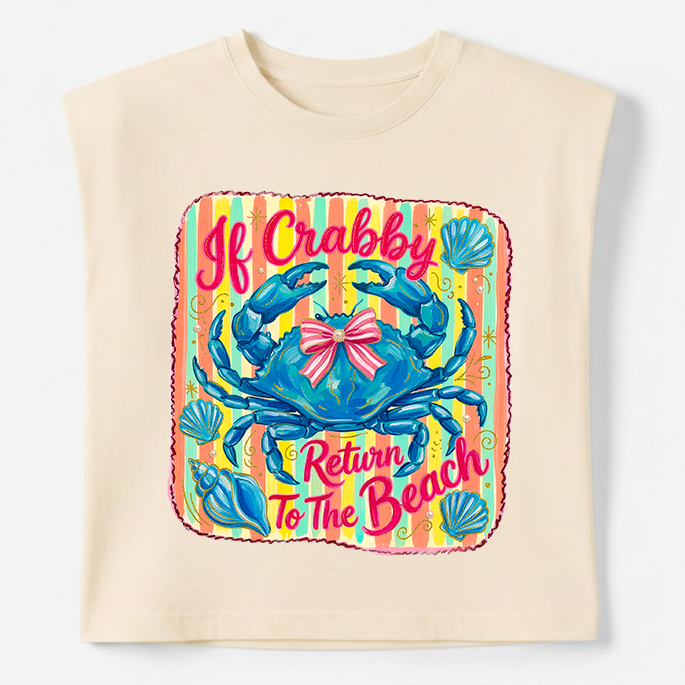Beige t-shirt with a colorful crab graphic and text on a white background