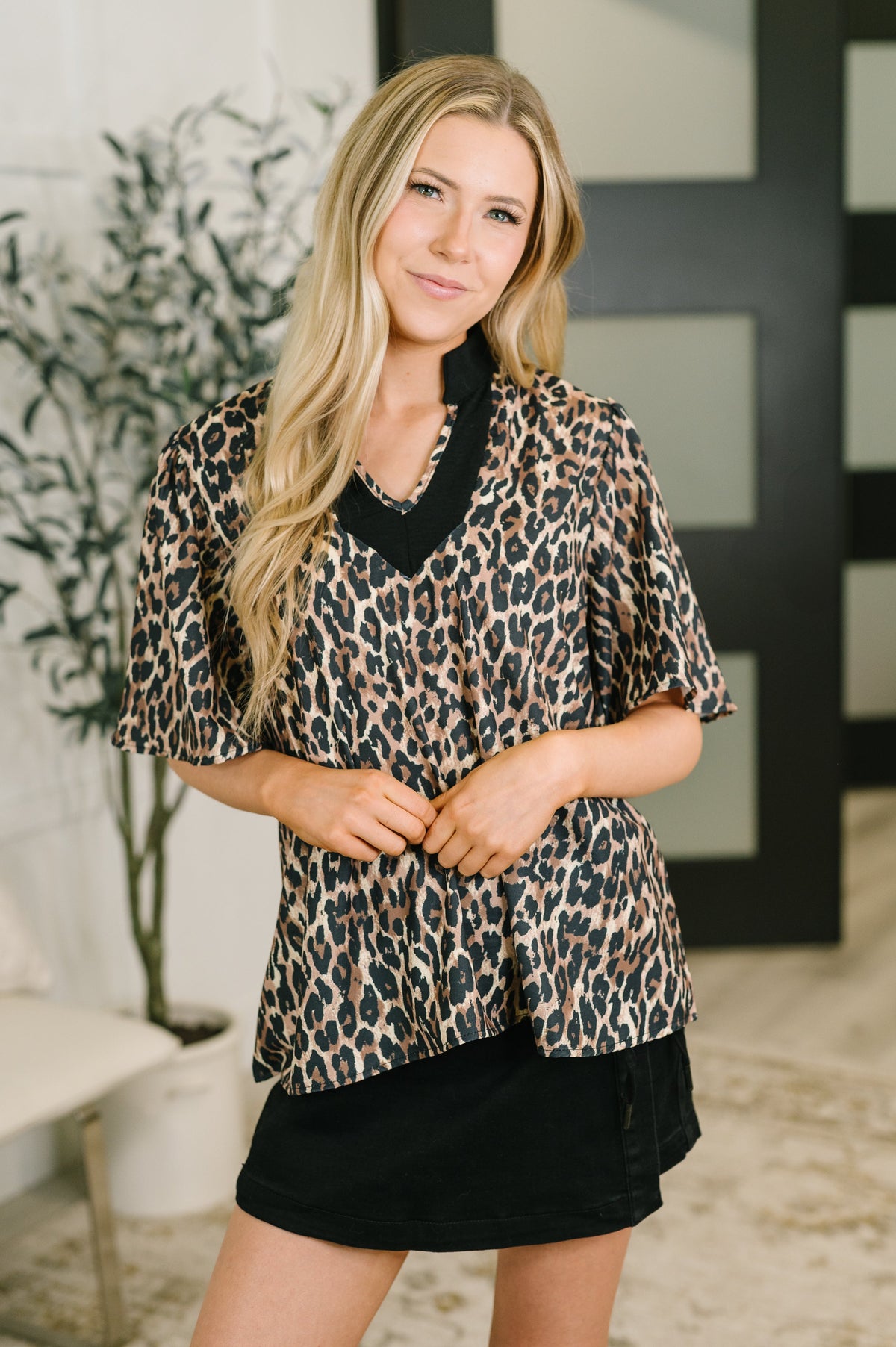 Sassy Season Split Neck Leopard Print Blouse – poplin woven fabric with leopard print and split neckline