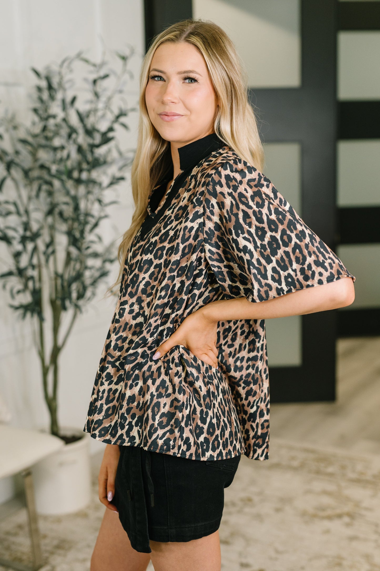 Sassy Season Split Neck Leopard Print Blouse – poplin woven fabric with leopard print and split neckline – alternate view 4