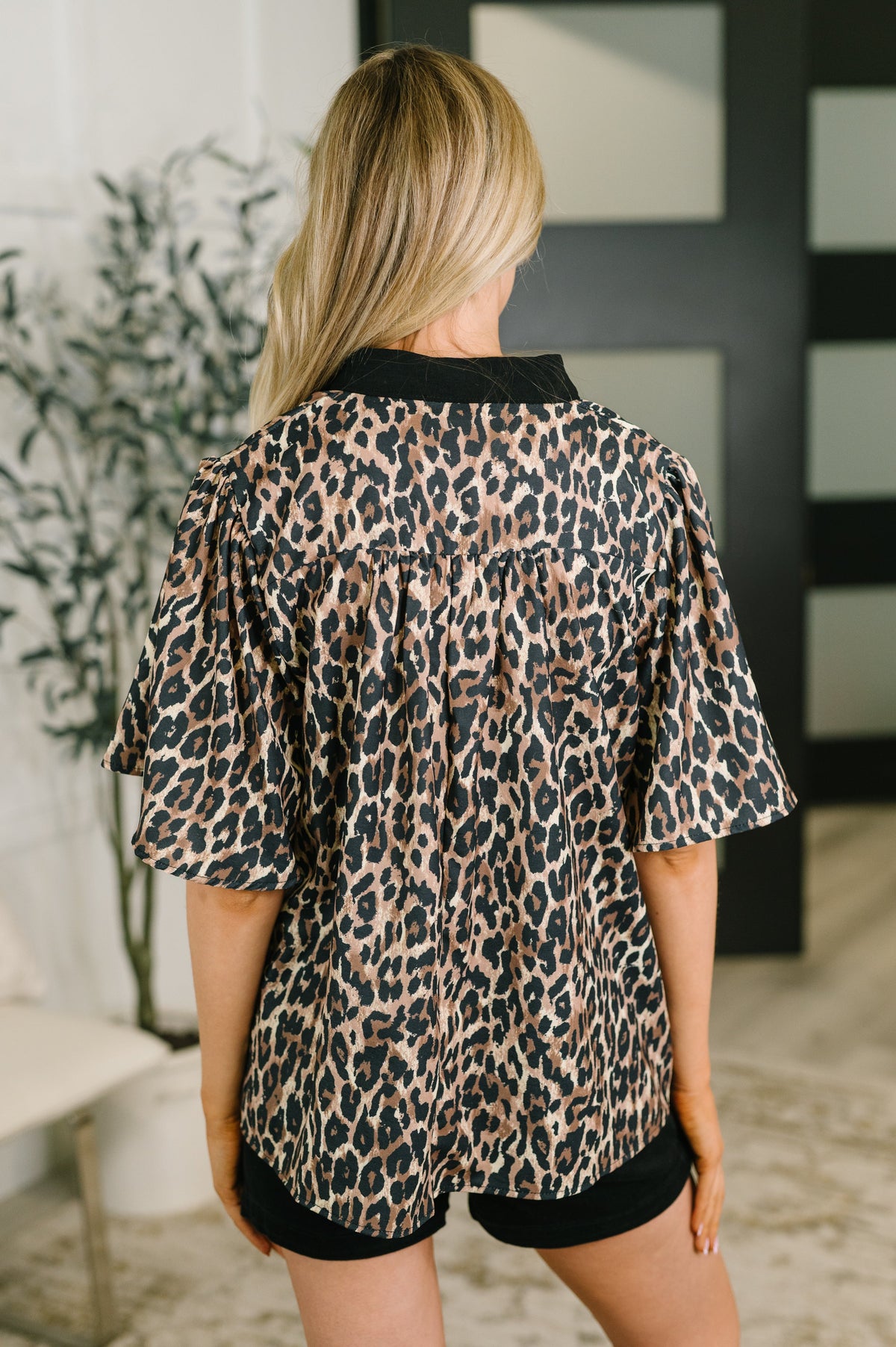 Sassy Season Split Neck Leopard Print Blouse – poplin woven fabric with leopard print and split neckline – alternate view 5