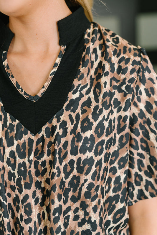 Sassy Season Split Neck Leopard Print Blouse – poplin woven fabric with leopard print and split neckline – alternate view 2