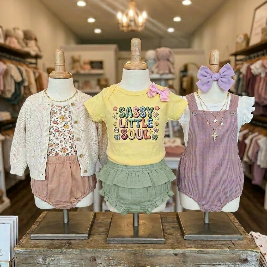 Three mannequins displaying children's clothing in a store setting.