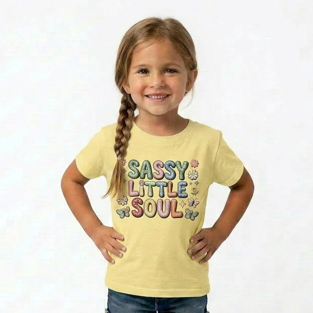 Young girl wearing a yellow t-shirt with 'Sassy Little Soul' text on a white background