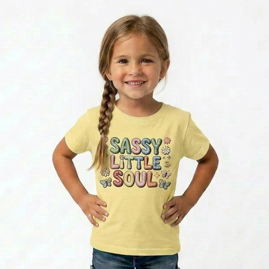 Young girl wearing a yellow t-shirt with 'Sassy Little Soul' text on a white background