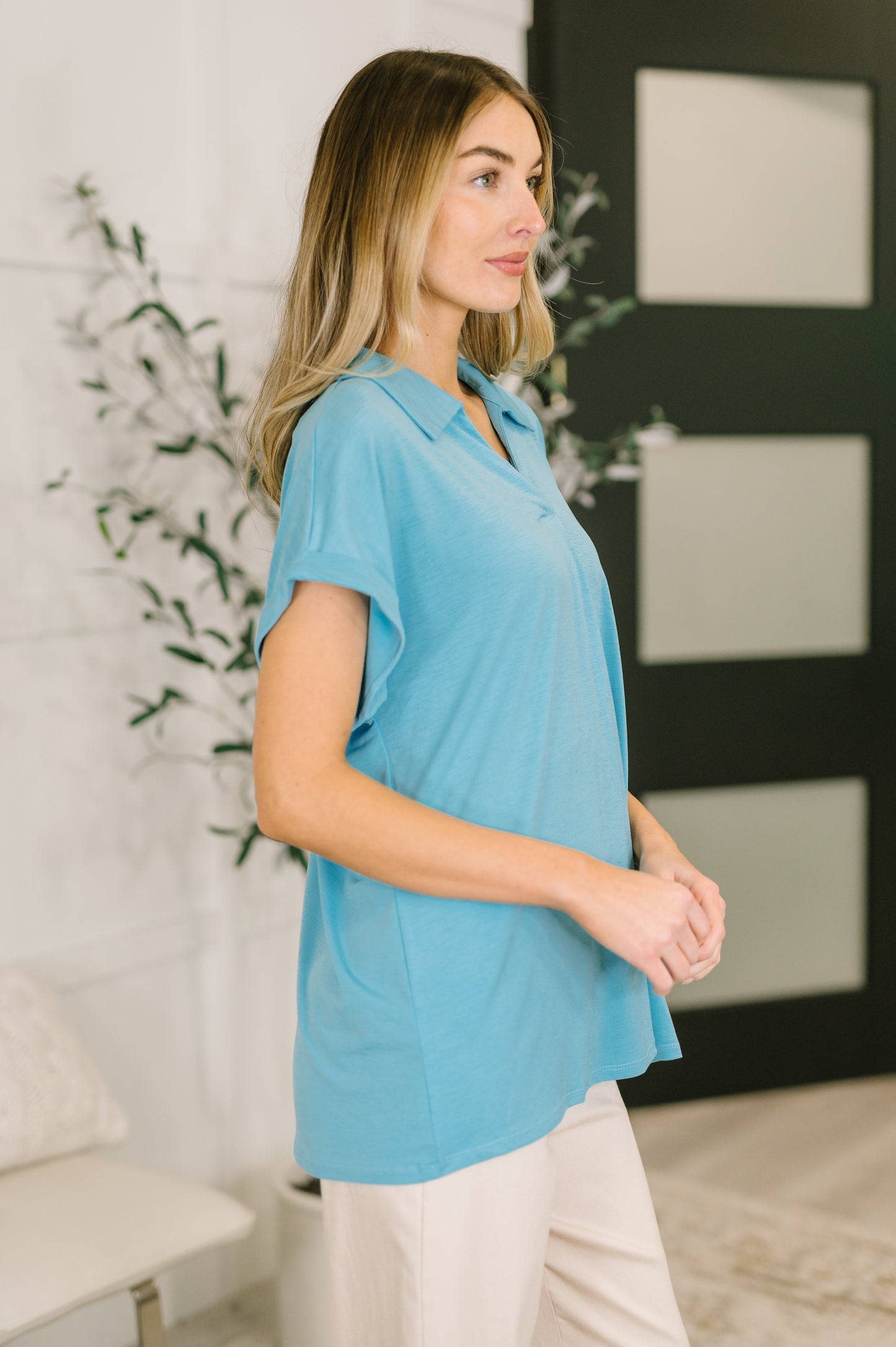 Sea You Soon collared top in costal blue stretch fabric – alternate view 4