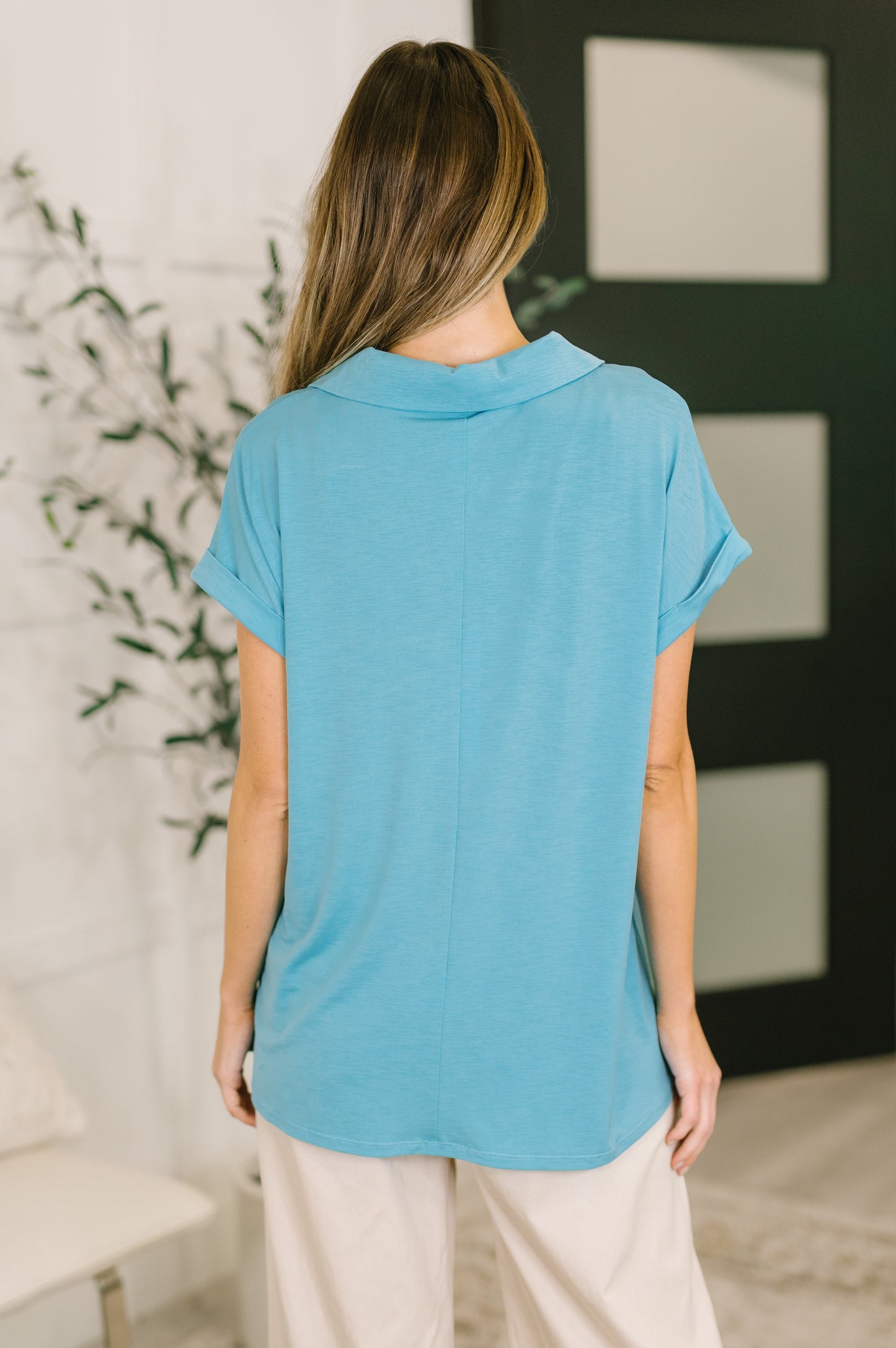 Sea You Soon collared top in costal blue stretch fabric – alternate view 5