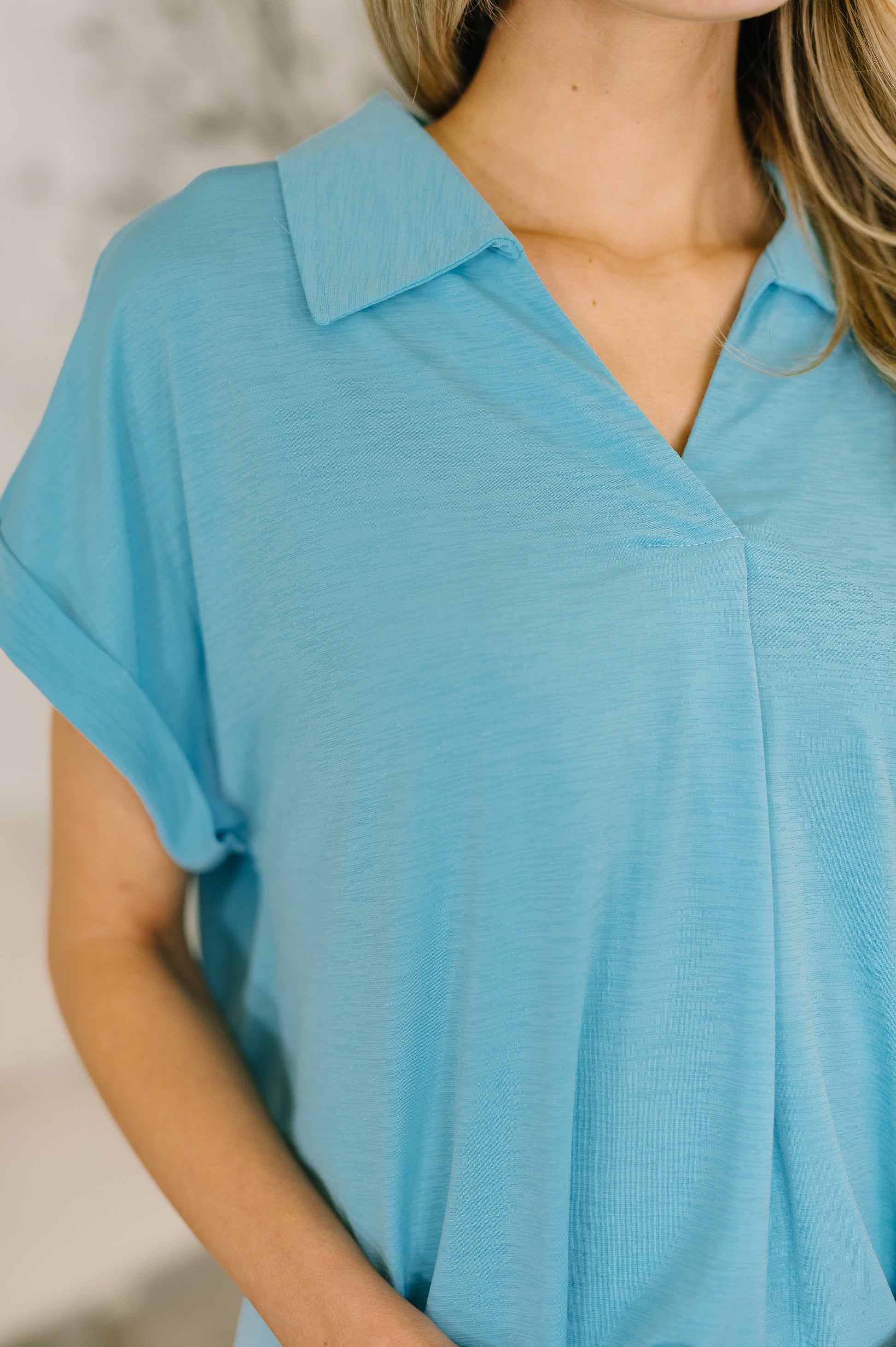Sea You Soon collared top in costal blue stretch fabric – alternate view 2