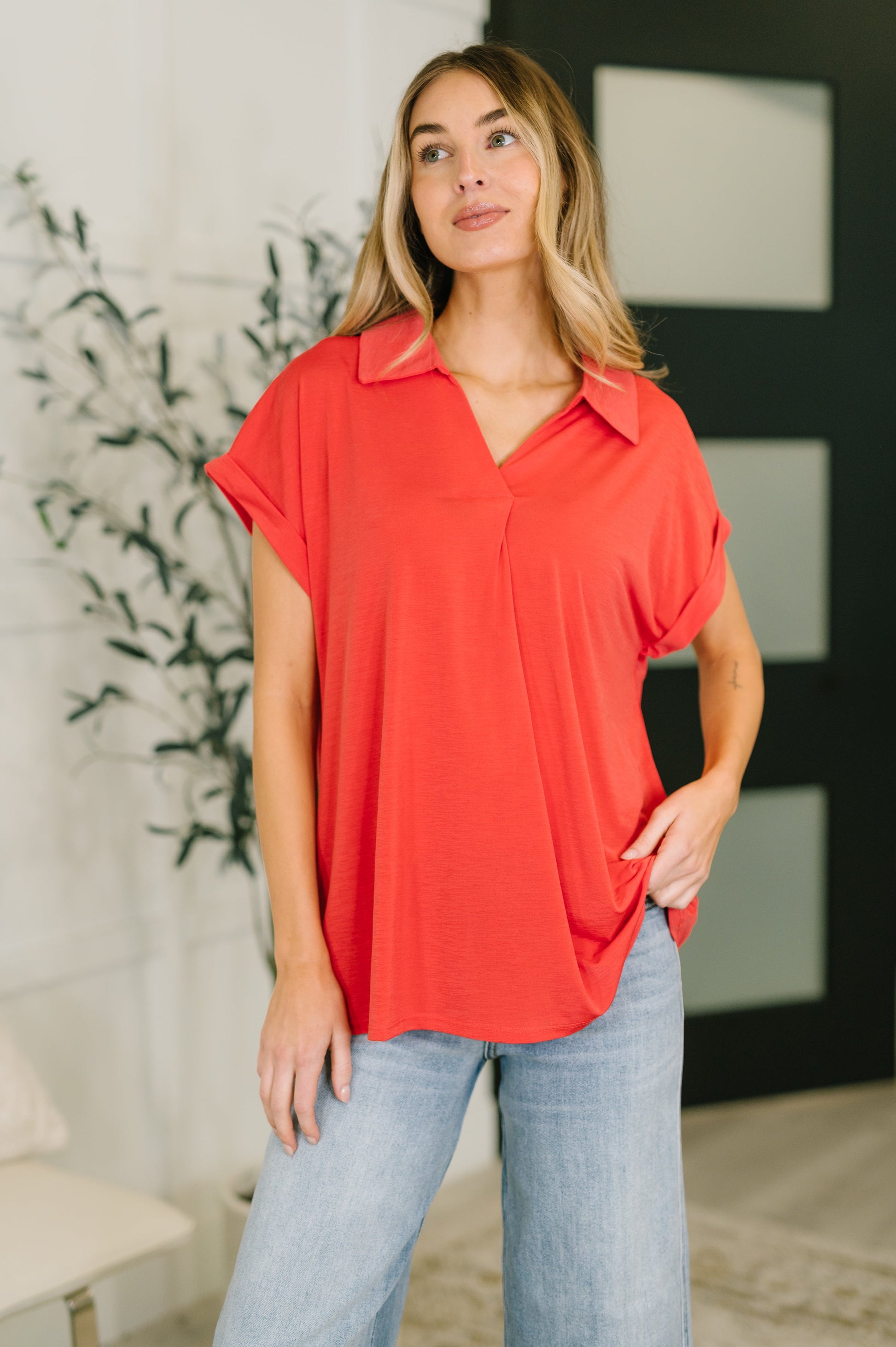 Sea You Soon collared top in hot coral stretch fabric