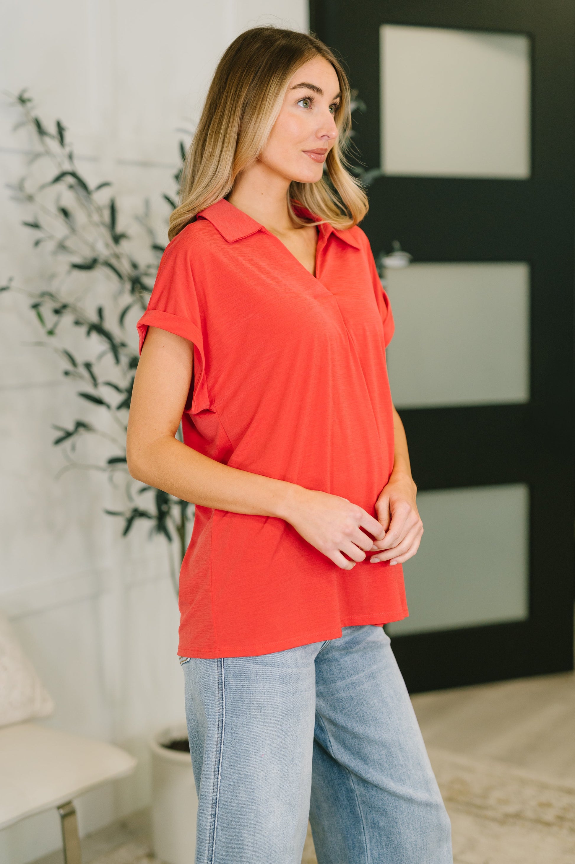 Sea You Soon collared top in hot coral stretch fabric – alternate view 4