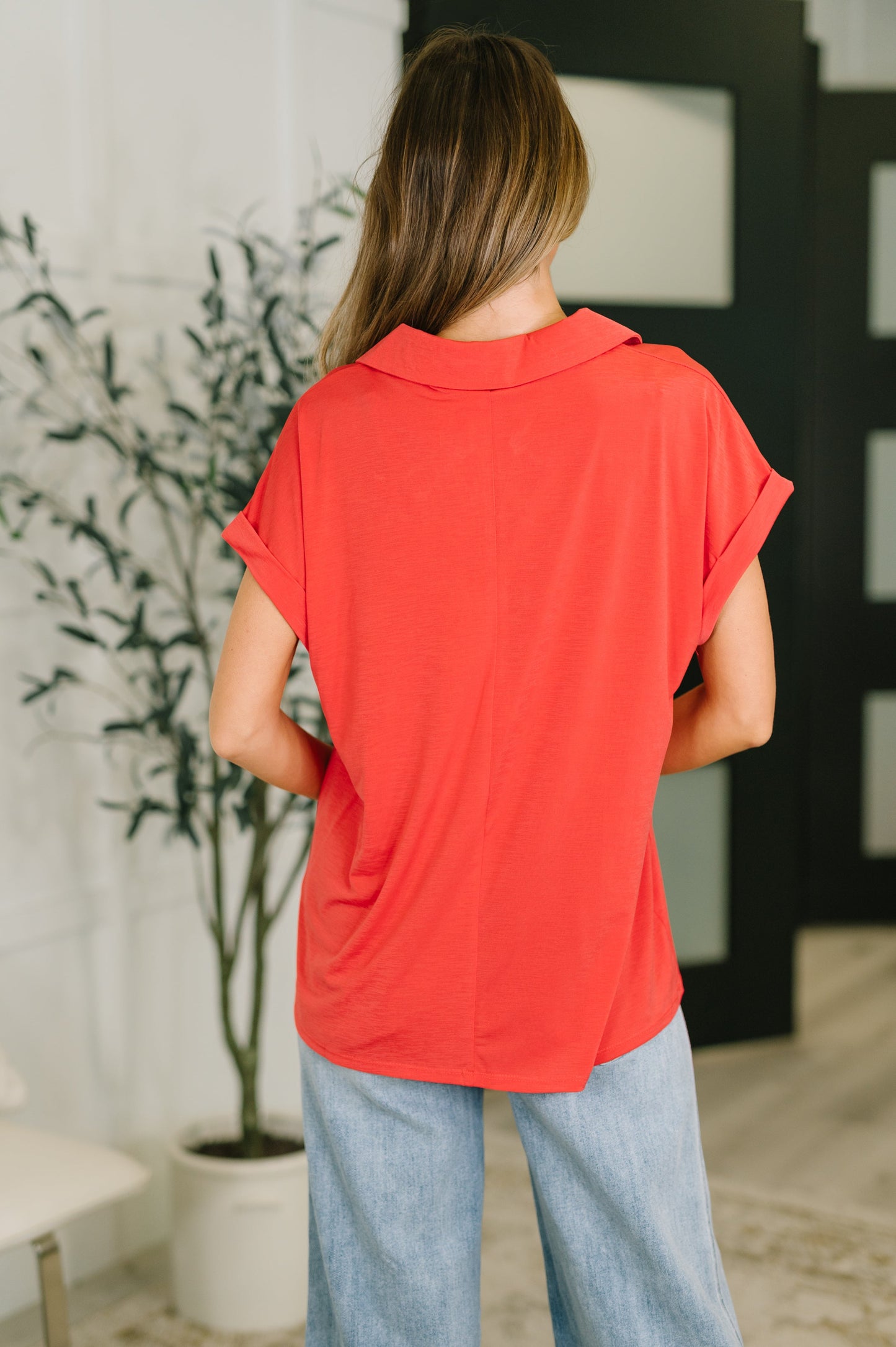 Sea You Soon collared top in hot coral stretch fabric – alternate view 5
