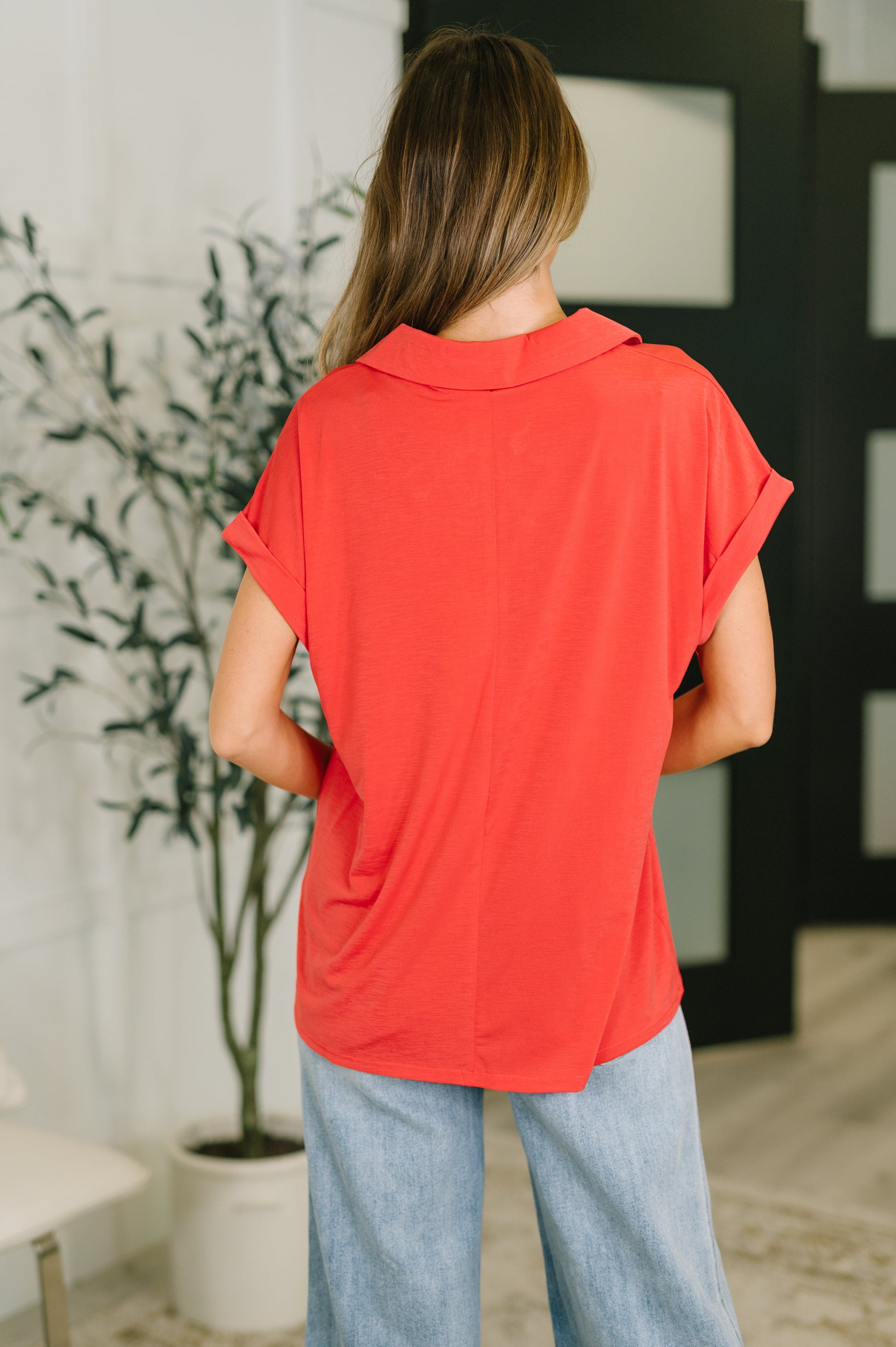 Sea You Soon collared top in hot coral stretch fabric – alternate view 5