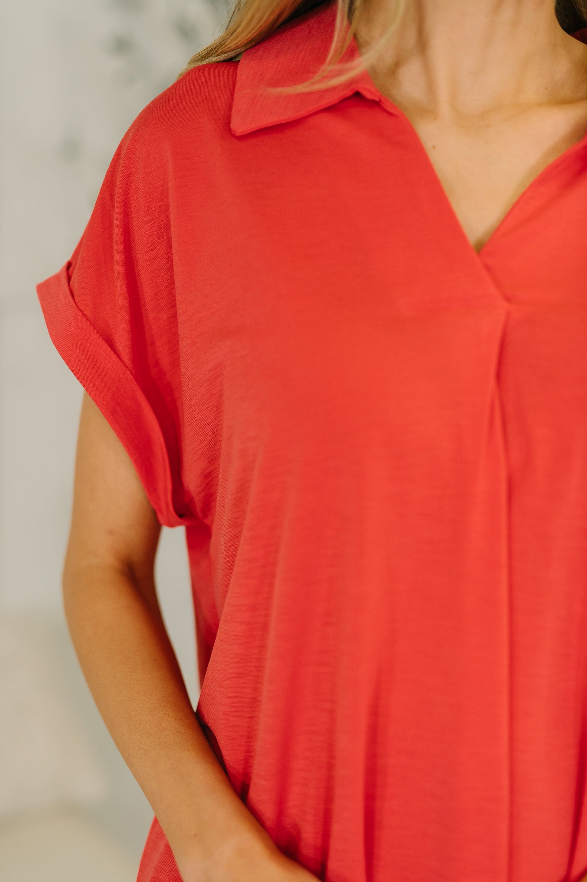 Sea You Soon collared top in hot coral stretch fabric – alternate view 2