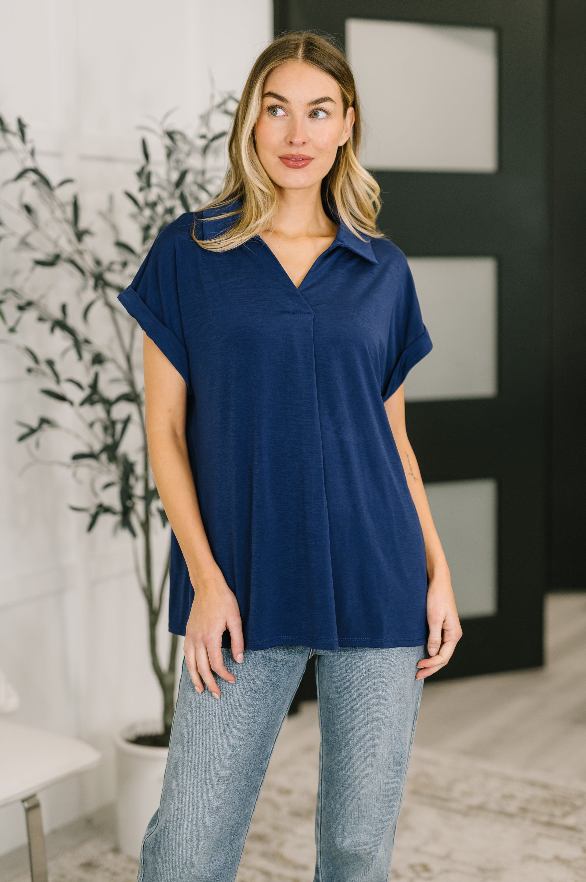 Sea You Soon collared top in navy stretch fabric