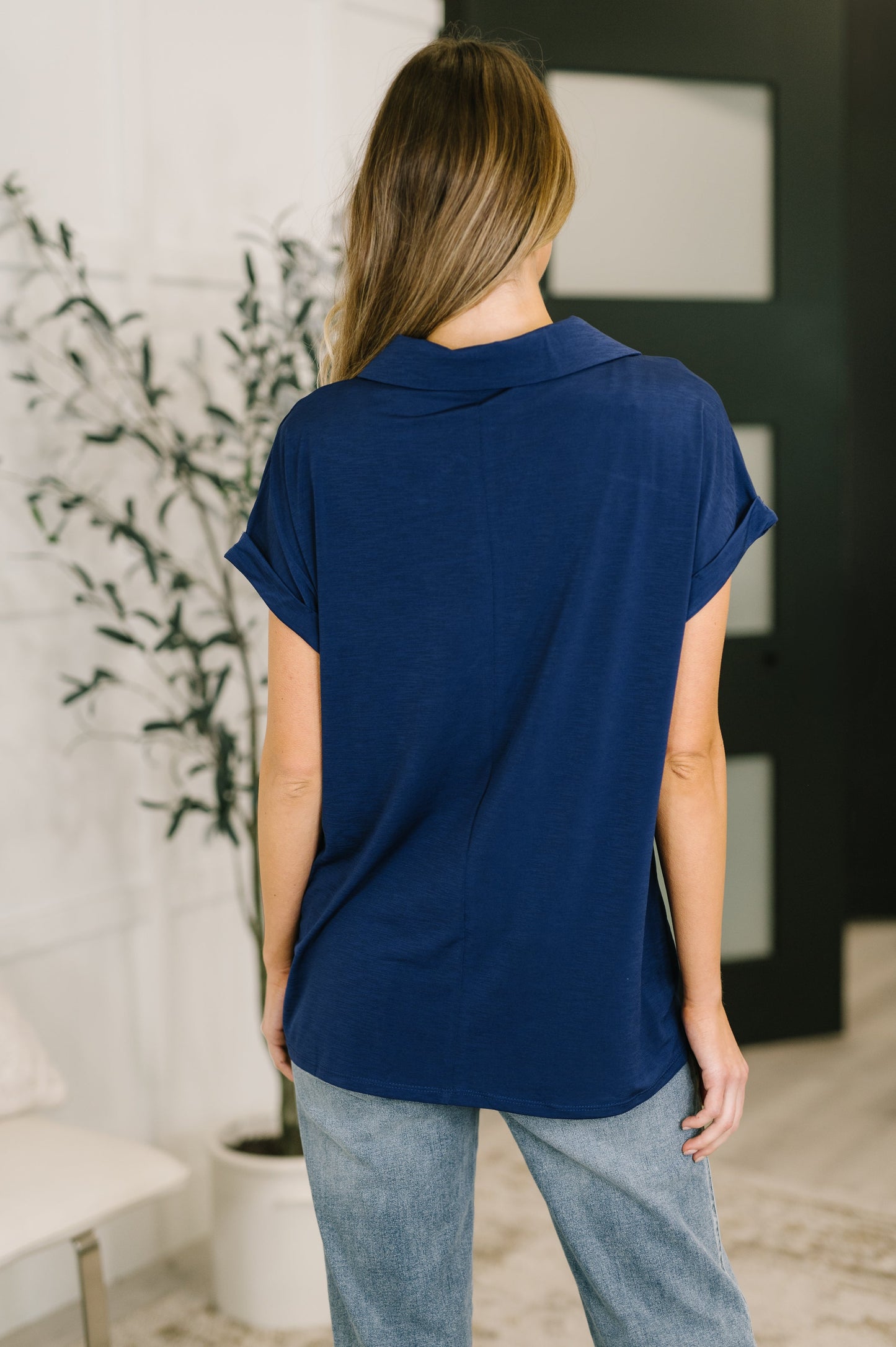 Sea You Soon collared top in navy stretch fabric – alternate view 5