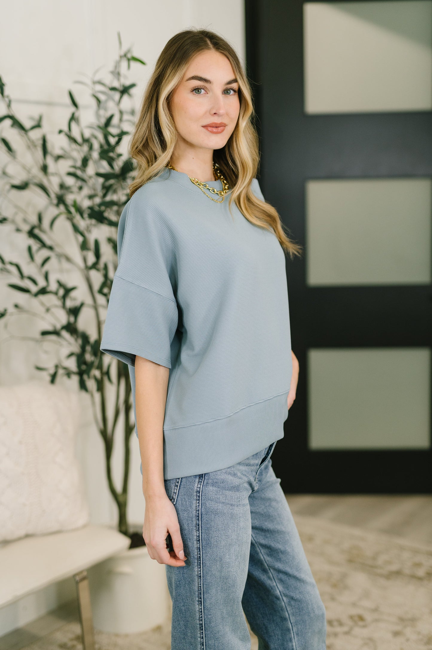 Sense of Clarity boxy top in blue grey ribbed knit – alternate view 5