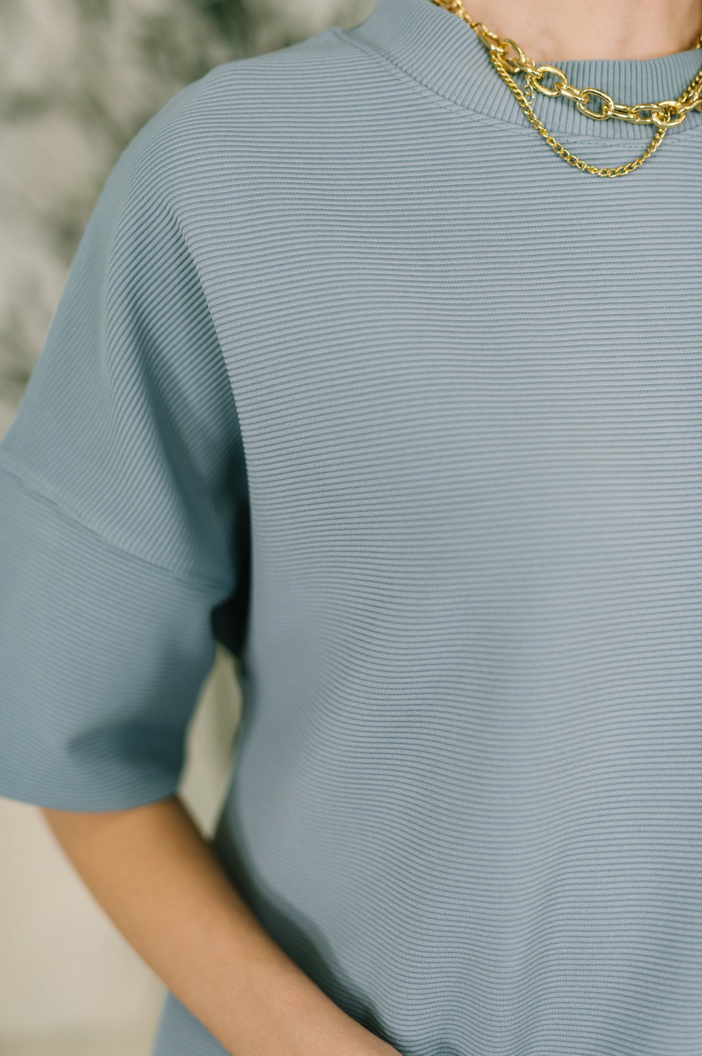 Sense of Clarity boxy top in blue grey ribbed knit – alternate view 2