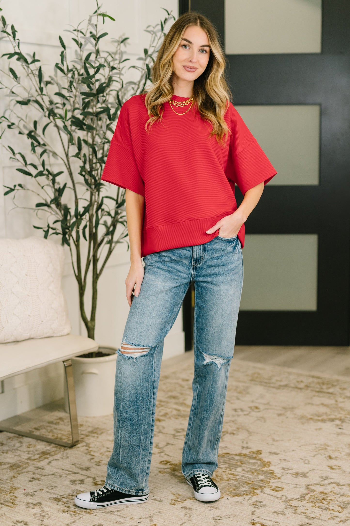Sense of Clarity boxy top in ruby ribbed knit – alternate view 3