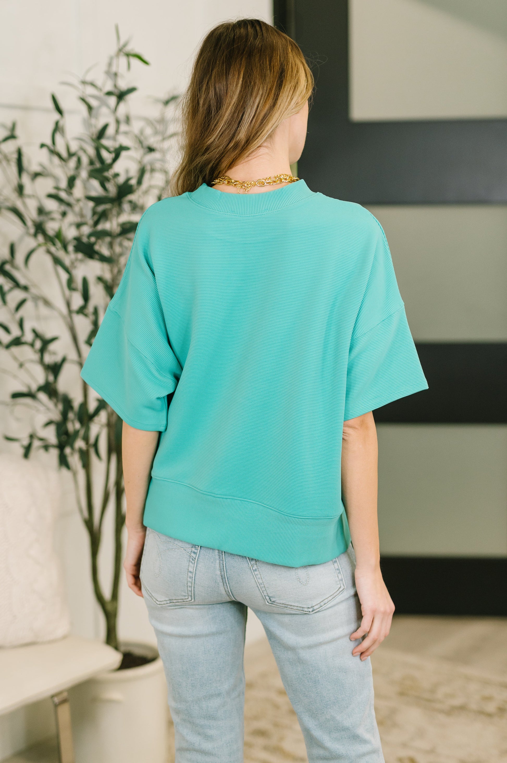 Sense of Clarity boxy top in turquoise ribbed knit – alternate view 5