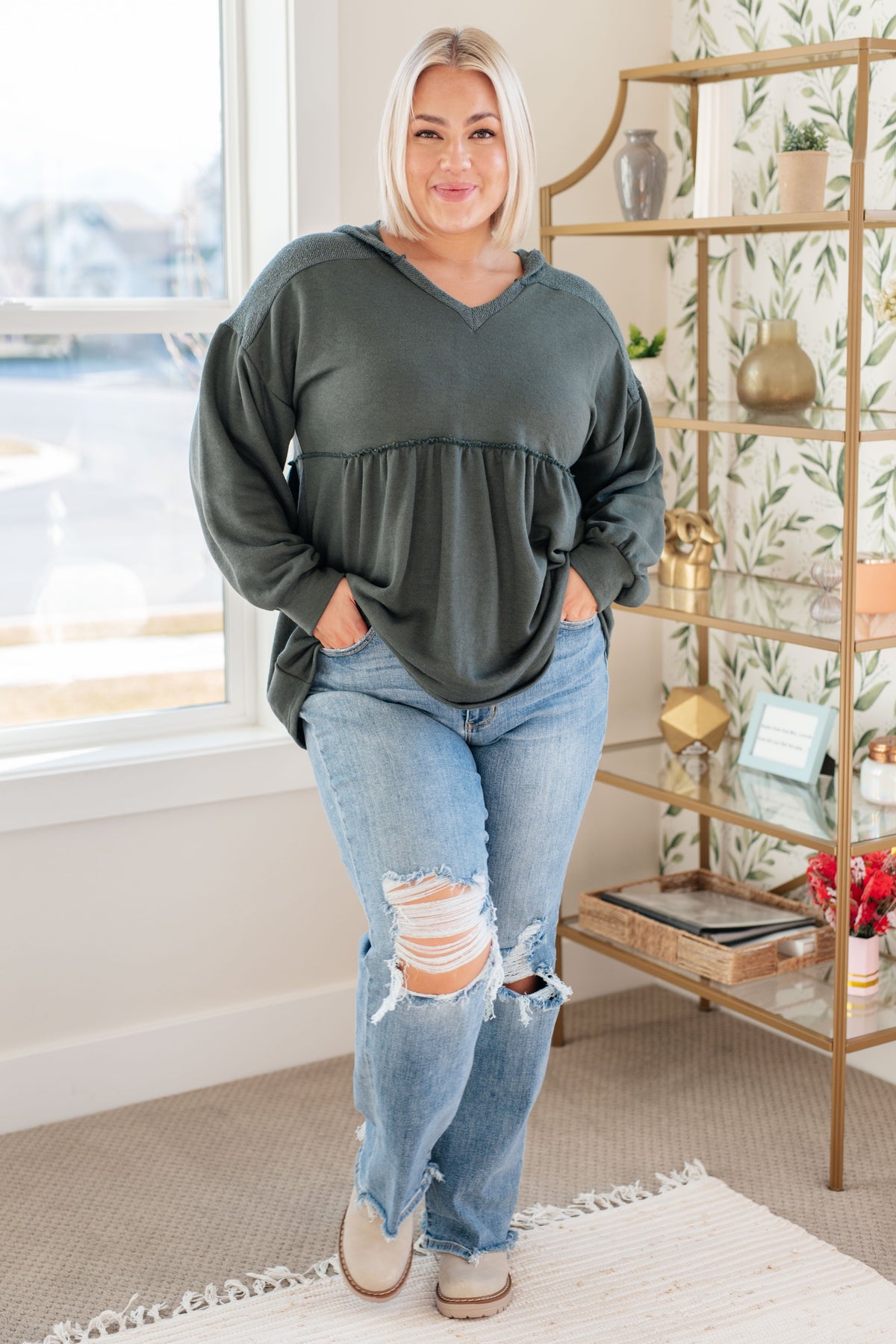 She's Not Wrong Hooded V-Neck Pullover in terry – alternate view 3