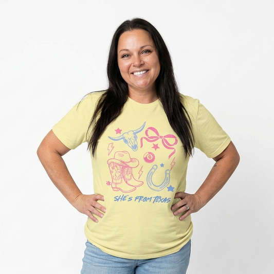 Woman wearing a neon yellow graphic tee that says "She's from Texas" on it
