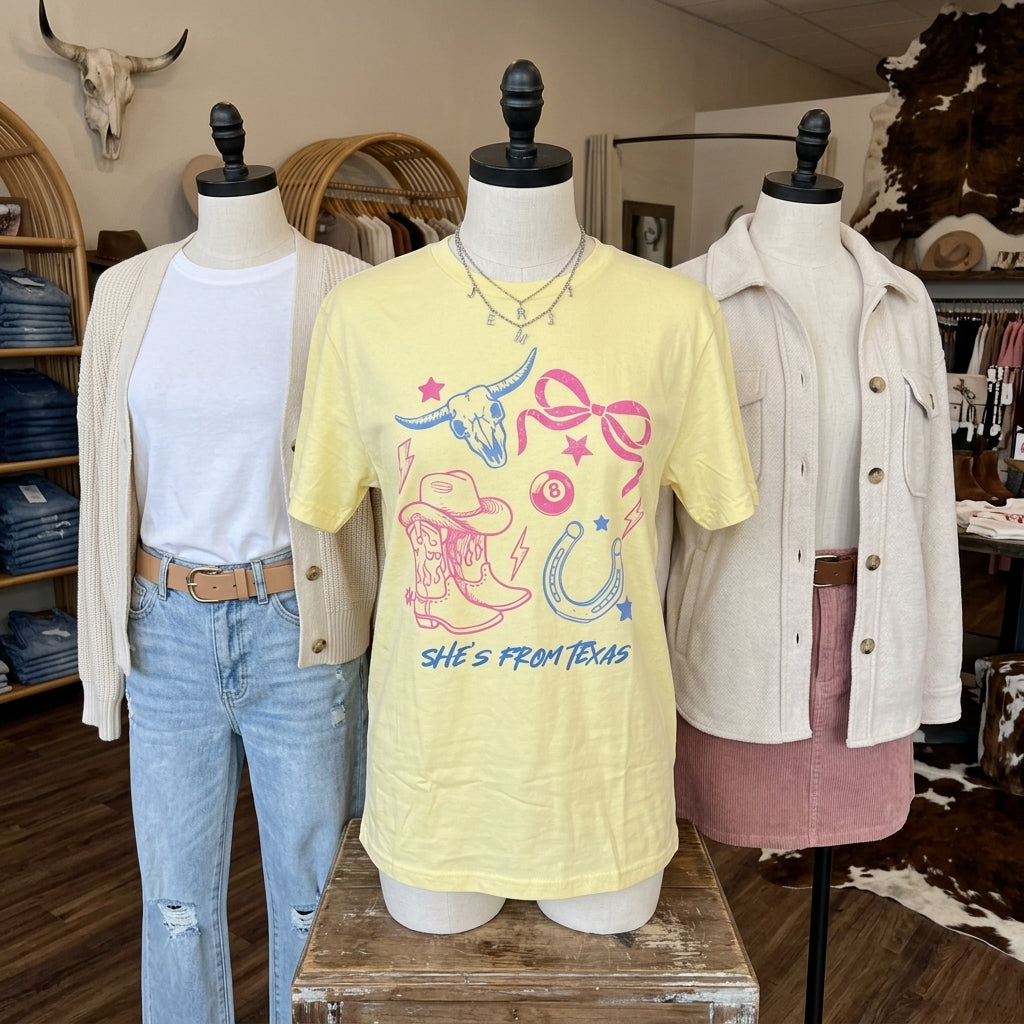 Mannequin wearing a yellow t-shirt with a graphic design in a store setting