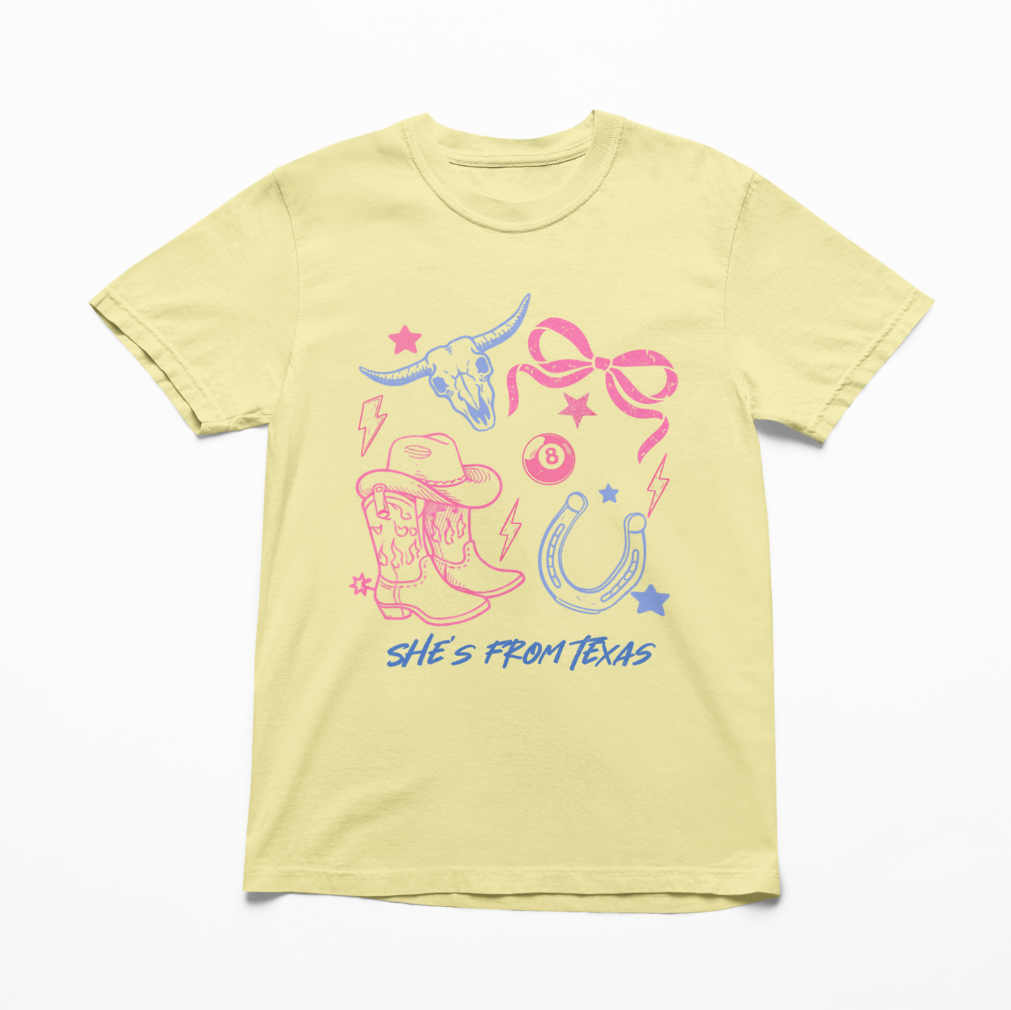 Yellow t-shirt with cowboy boot, horseshoe, and 'She's from Texas' text design on a white background