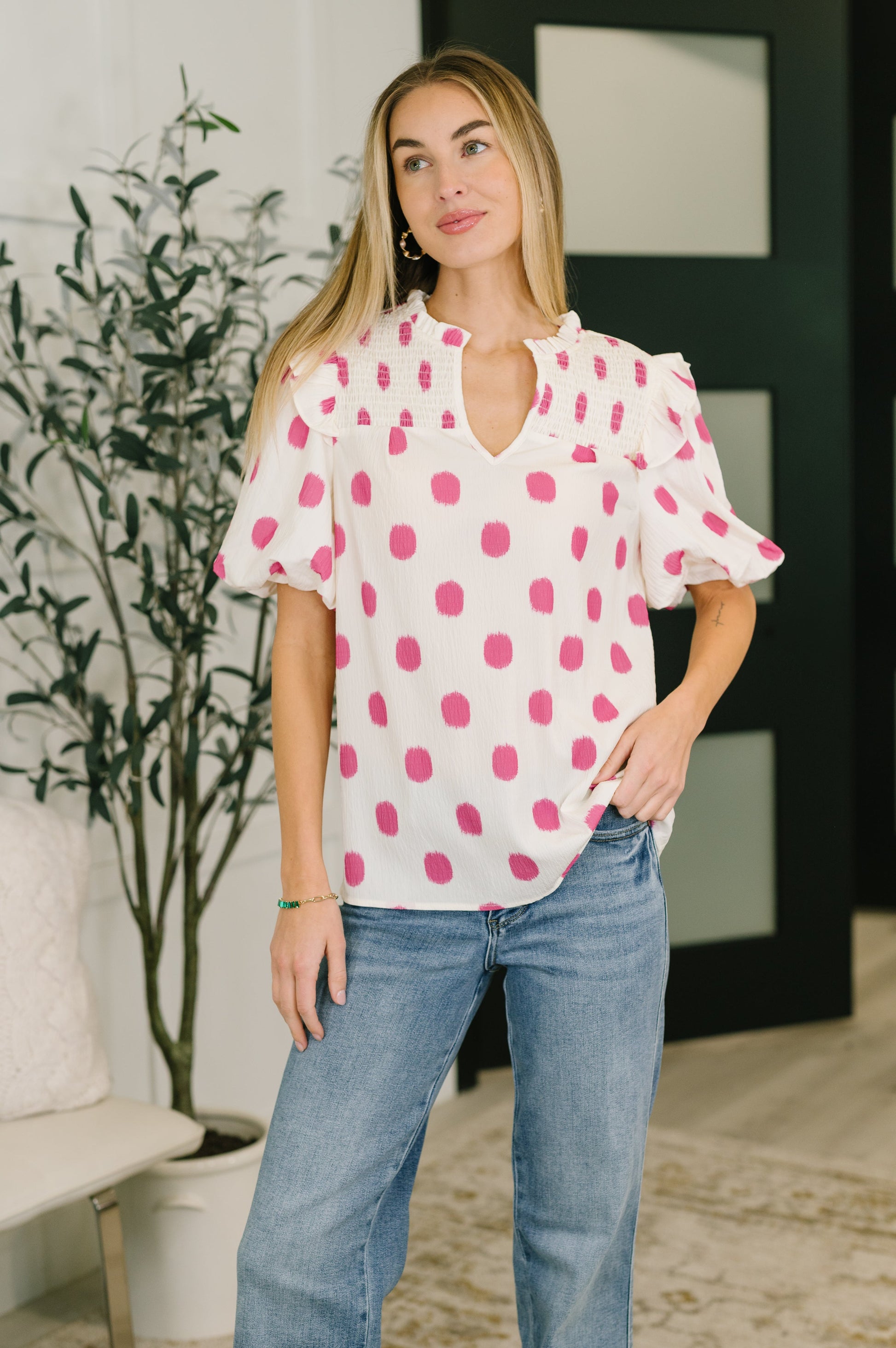 Women's Shopping Spree notched neck puff sleeve blouse in textured crinkle woven fabric