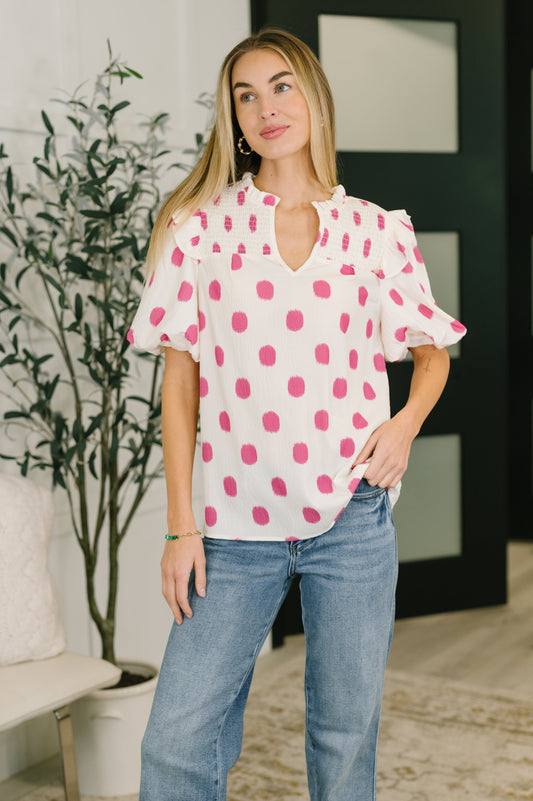 Women's Shopping Spree notched neck puff sleeve blouse in textured crinkle woven fabric