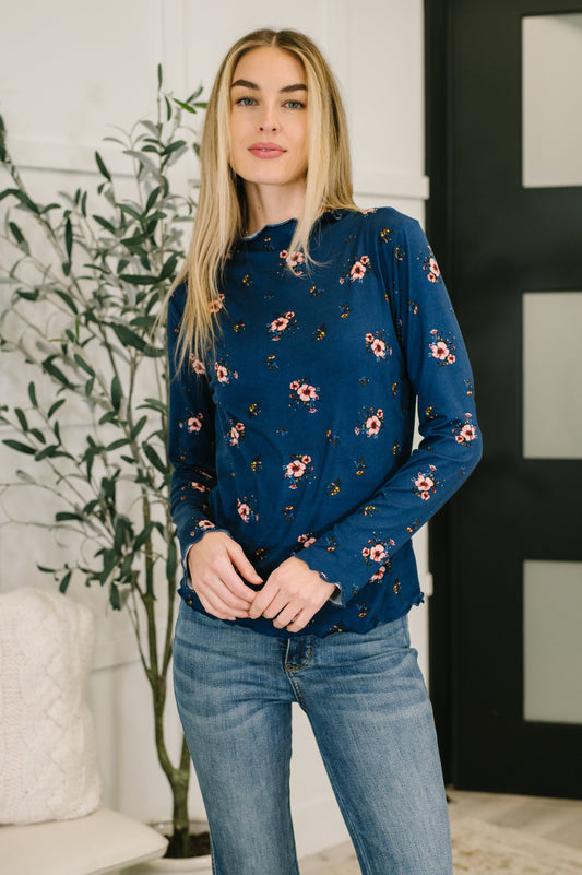 Something in the Air Lettuce Hem Longsleeve Top in Navy, jersey