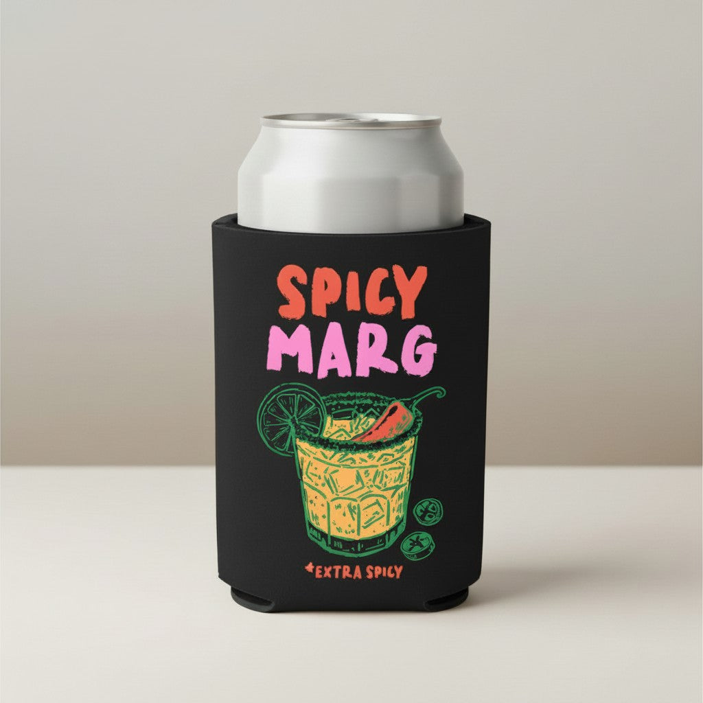 Black can cooler with 'Spicy Marg' design on a white background