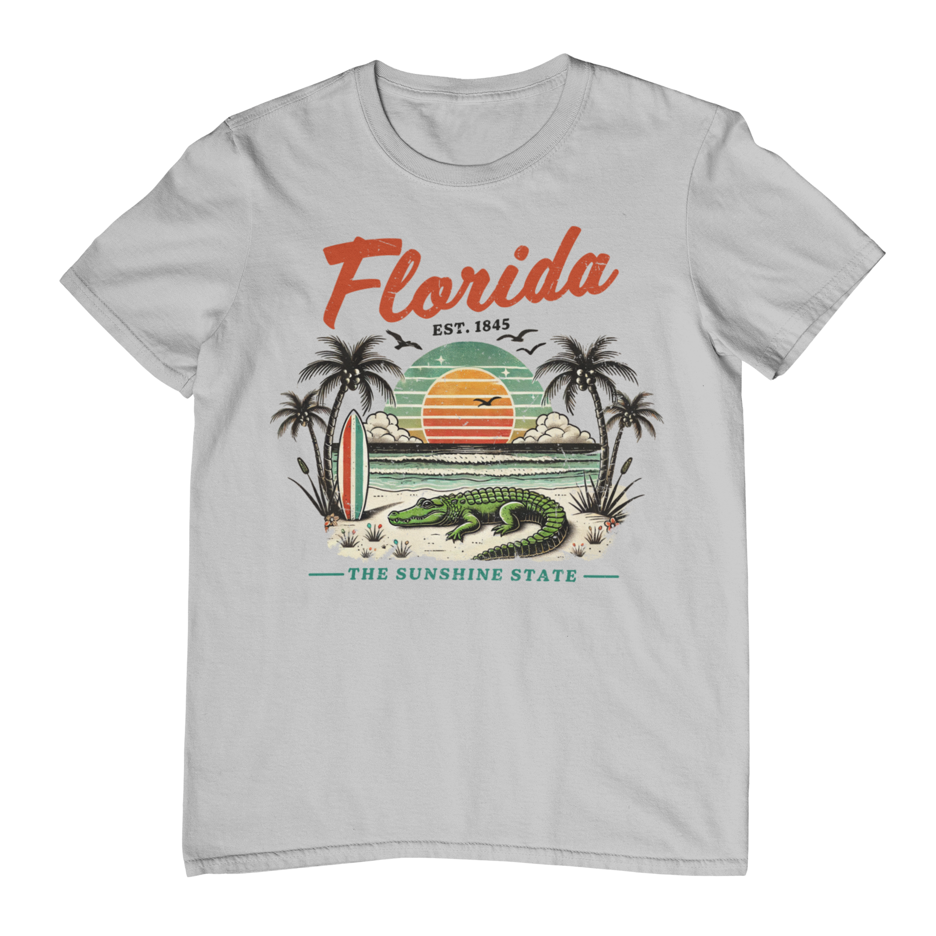 Gray t-shirt with Florida graphic design featuring an alligator, palm trees, and sunset.