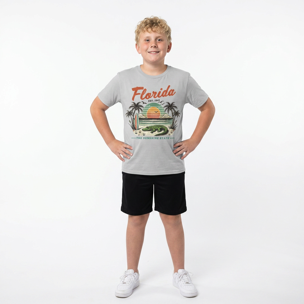 Child wearing a gray 'Florida' t-shirt with a graphic design on a white background