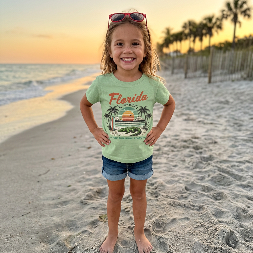 Child wearing a 'Florida' t-shirt on a beach with palm trees in the background