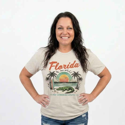 Woman wearing a 'Florida' t-shirt with an alligator graphic on a white background