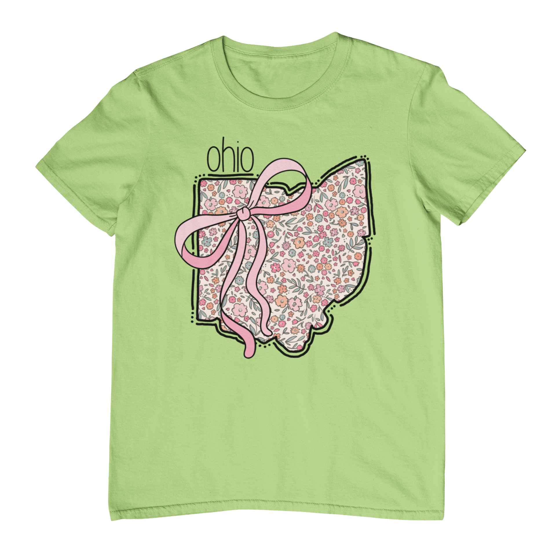 Green t-shirt with a floral Ohio shape and pink bow design on a white background