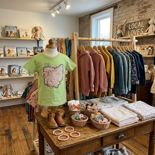 Children's clothing and accessories in a store with wooden shelves and mannequin display.