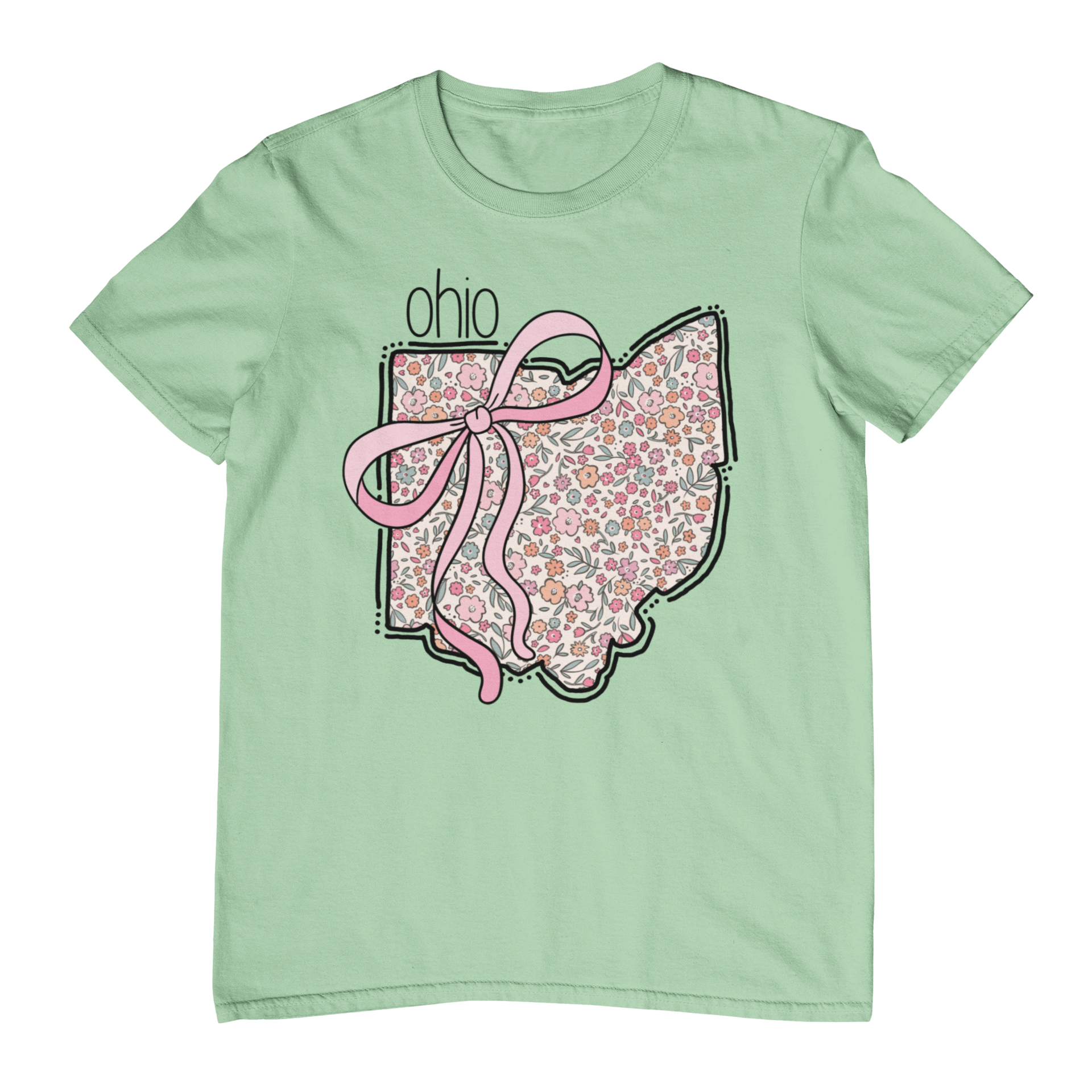 Light green t-shirt with a floral Ohio shape and pink bow design on a white background