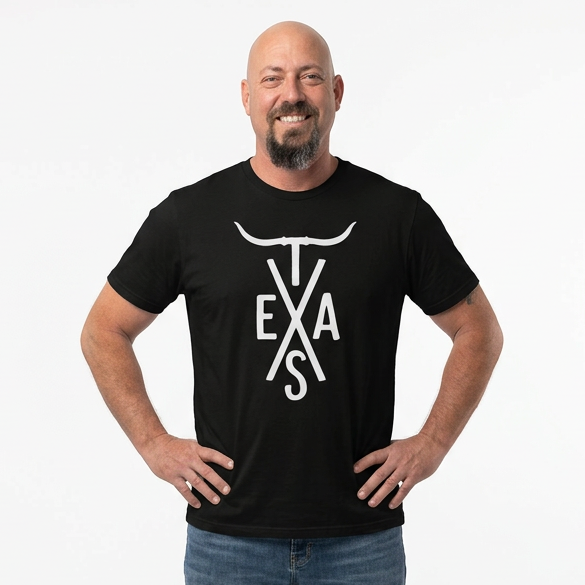 Man wearing a black t-shirt with 'Texas' design on a white background