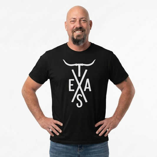 Man wearing a black t-shirt with 'Texas' design on a white background