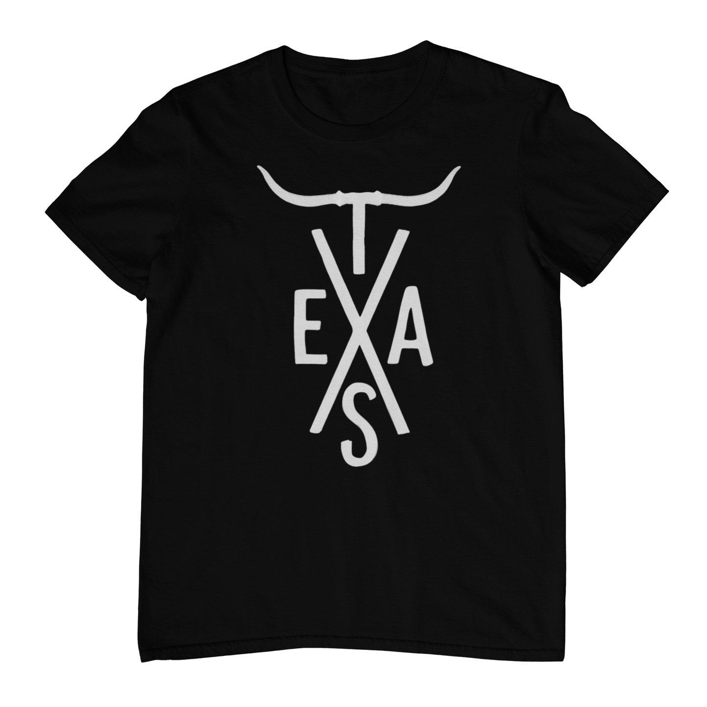 Black t-shirt with white 'Texas' graphic on a white background