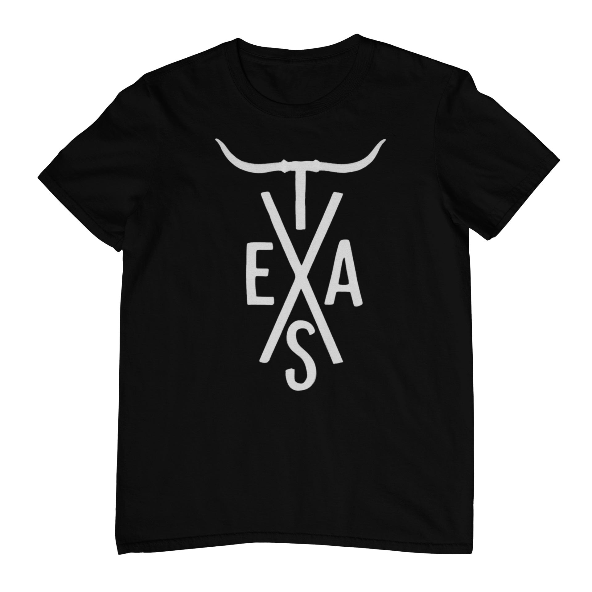 Black t-shirt with white 'Texas' graphic on a white background