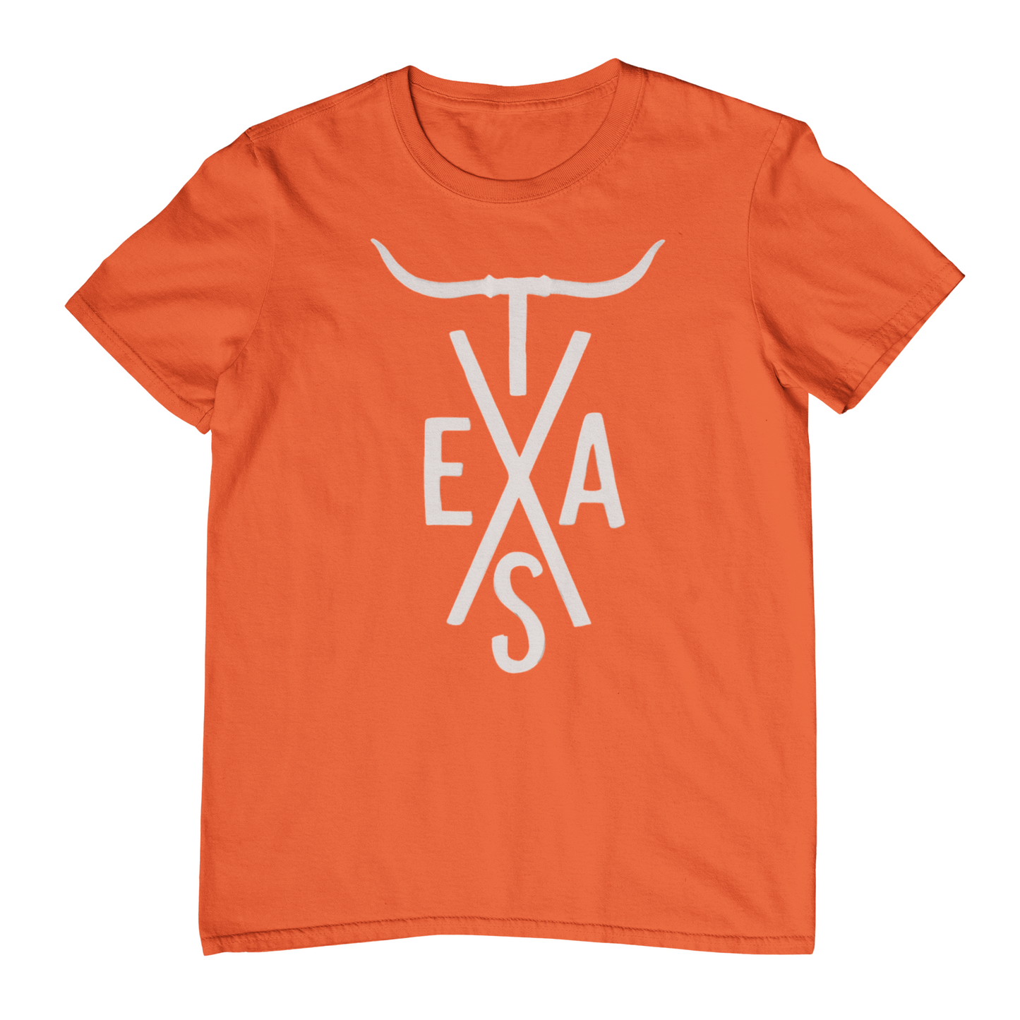 Orange t-shirt with white 'TEXAS' graphic on a white background