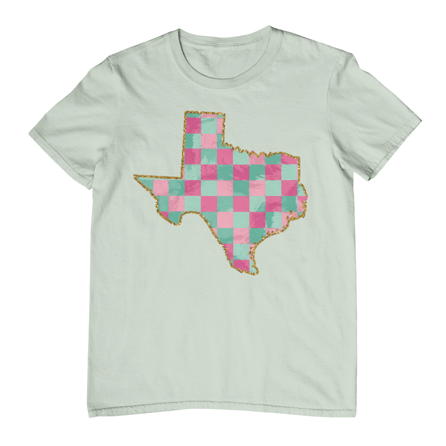 Light green t-shirt with a colorful Texas-shaped patch on a white background