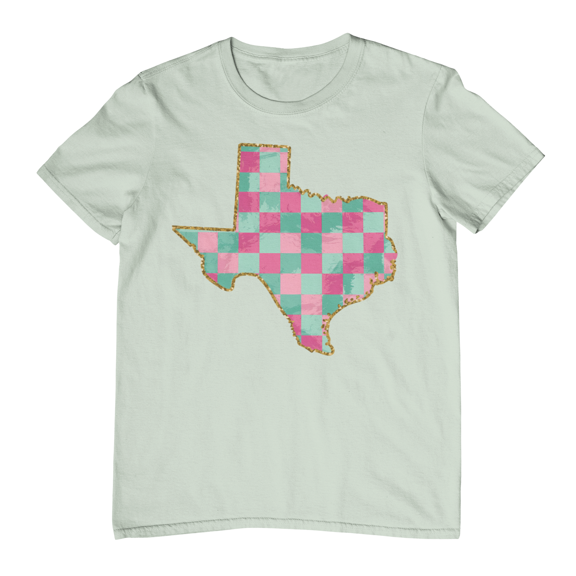 Light green t-shirt with a colorful Texas-shaped patch on a white background