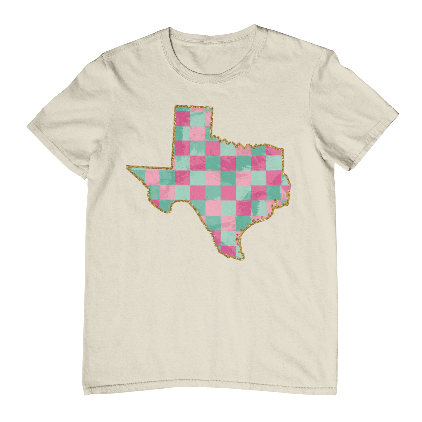 Beige t-shirt with a colorful Texas-shaped graphic on a white background