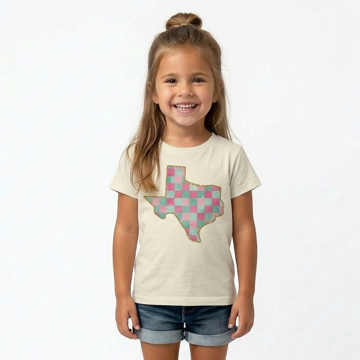 Young girl wearing a t-shirt with a Texas-shaped design on a white background